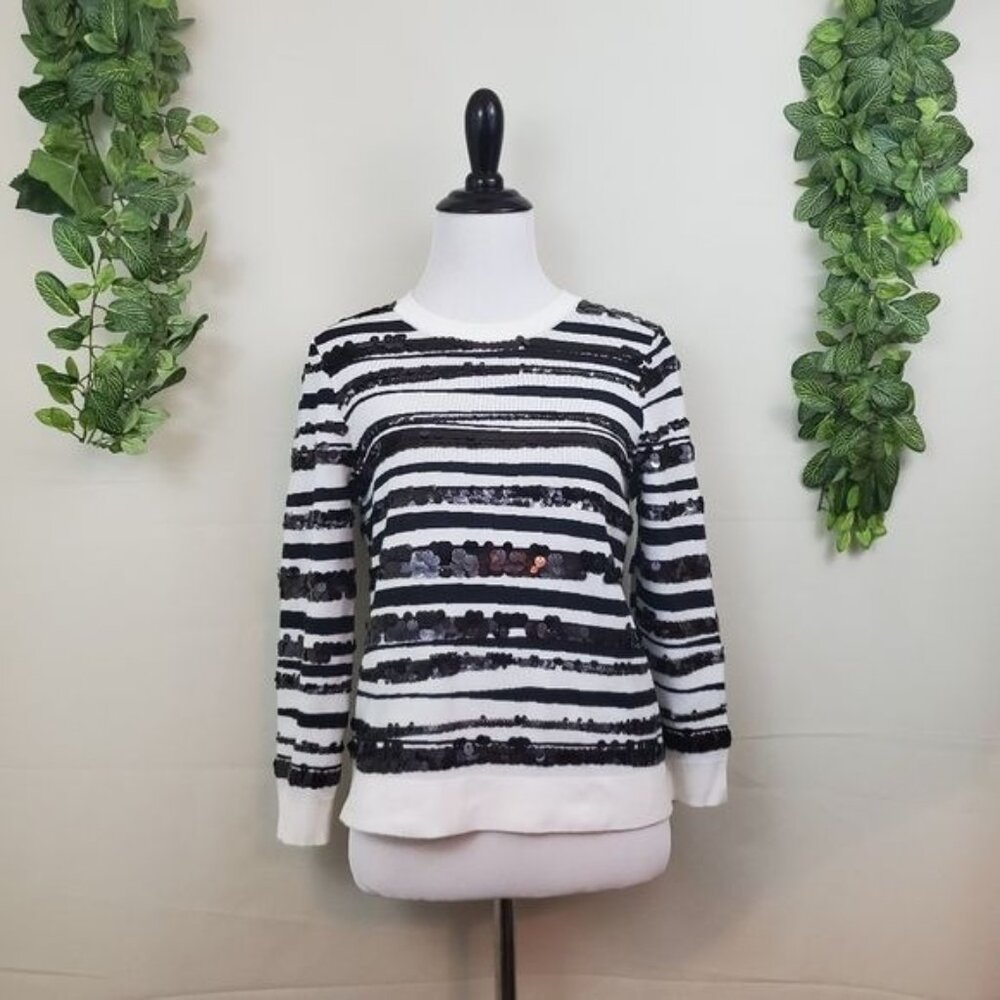 Ann Taylor Sequin Zebra Jacquard Pullover Sweater Blouse Small Stripe Long Sleev